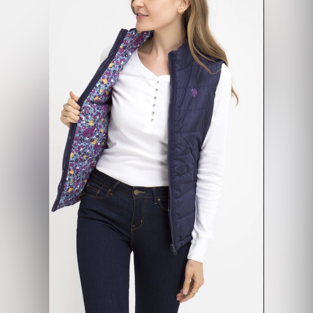 U.S. Polo Assn - Reversible Puffer Vest - Floral + Navy Blue